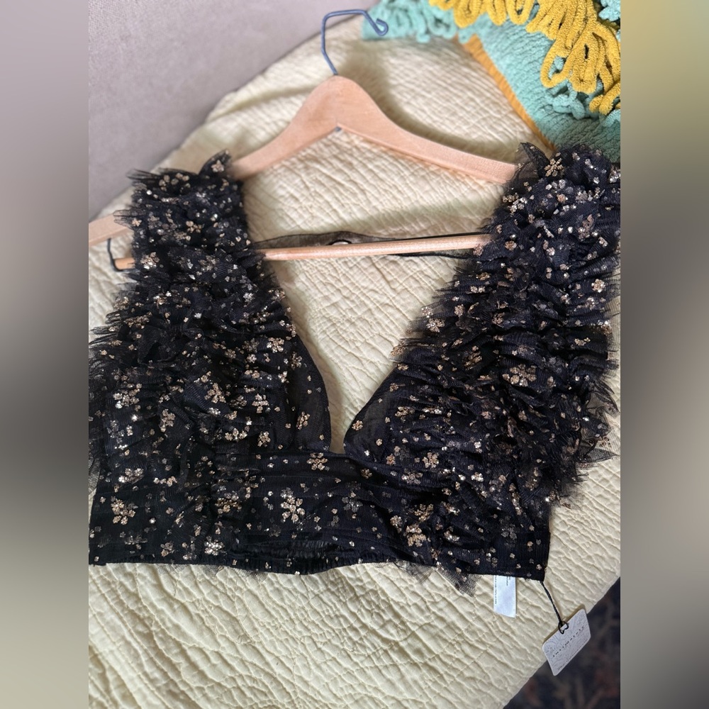 Free People Sosha Party Top black   Smocked Sparkling Embellishments M NEW - Picture 12 of 13